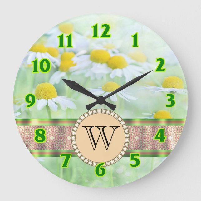 Vit Daisy i Grönt Meadow Monogram Stor Klocka (Framsida)