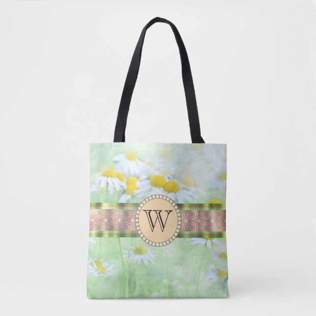 Vit Daisy i Grönt Meadow Monogram Tygkasse (Framsida)