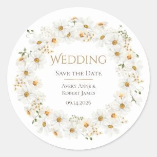 Vit Daisy Krans Vattenfärg Snygg Save the Date Runt Klistermärke