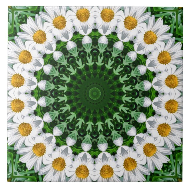 Vit Daisy Mandala med färsk Grönt Symmetry Kakelplatta (Framsidan)