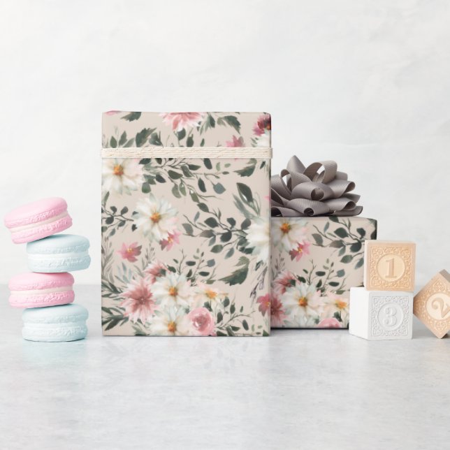 Vit Daisy med Mauve Garden Print Wrapping Papper Presentpapper (Baby Shower)
