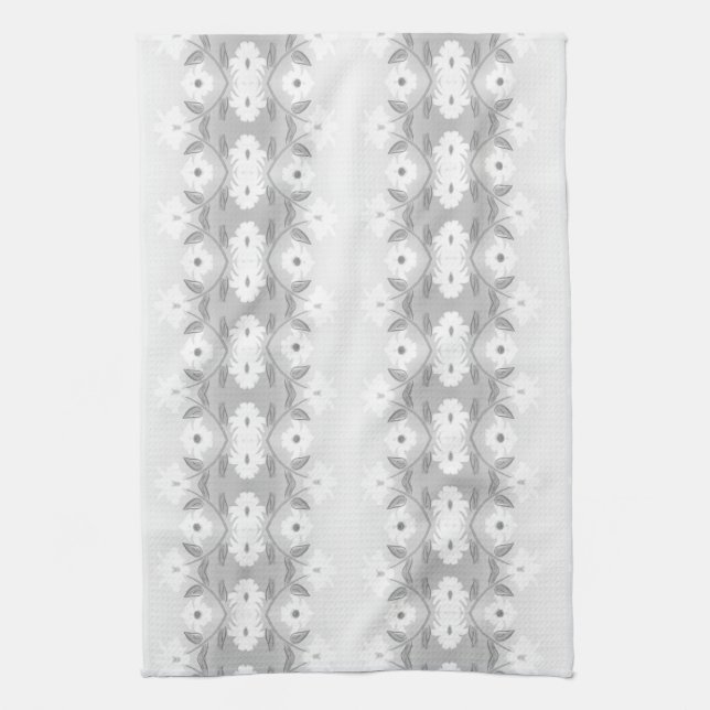Vit daisy mönster med grått kökshandduk (Vertikal)