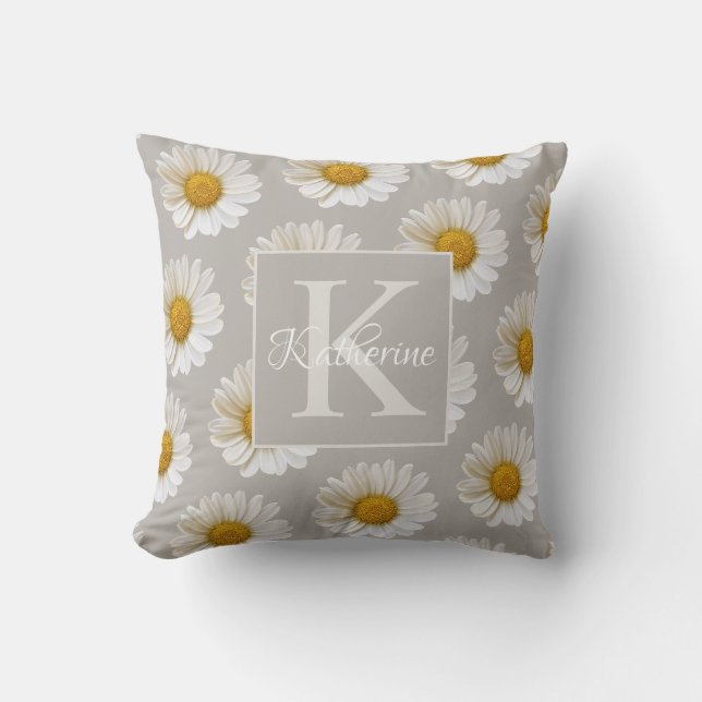 Vit Daisy Mönster Monogram Grått Blommigt Kudde (Framsida)