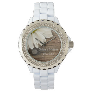 Vit Daisy och Barn Wood Landsbyggsbröllop Armbandsur