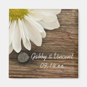 Vit Daisy och Barn Wood Landsbyggsbröllop Magnet