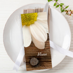 Vit Daisy och Barn Wood Landsbyggsbröllop Menu Meny