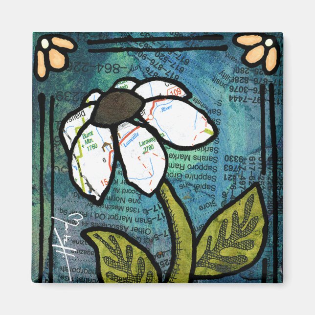 Vit Daisy på blå bakgrund - kollage Magnet (Framsidan)