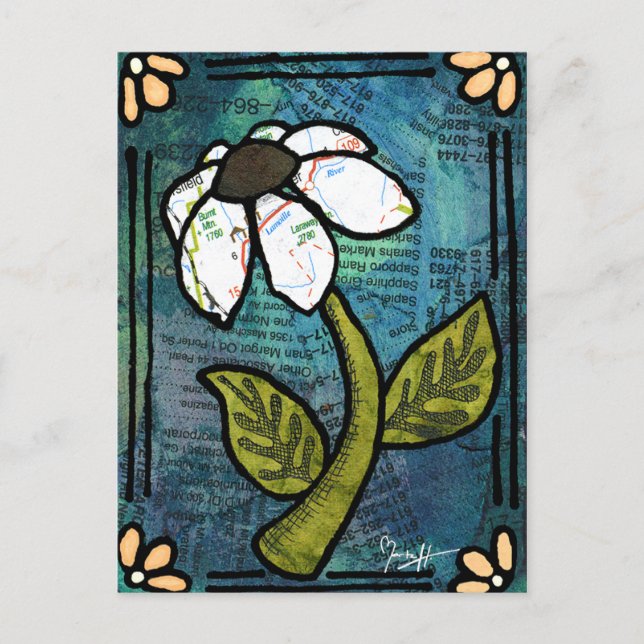 Vit Daisy på blå bakgrund - kollage Vykort (Framsida)