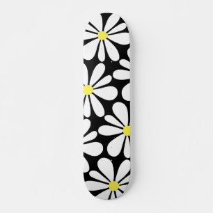 Vit Daisy på svart Blommigt Mini Skateboard Bräda 18,5 Cm