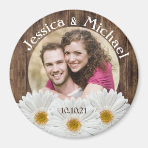 Vit Daisy Rustic Wood Photo Bröllop Spara Datum Magnet