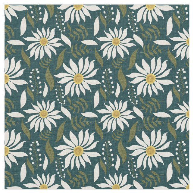 Vit Daisy Teal Blommönster Tyg (Närbild)