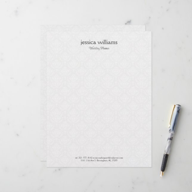 Vit Damask Bakgrund Personlig Grå Text Brevhuvud (Fram/Back In Situ)