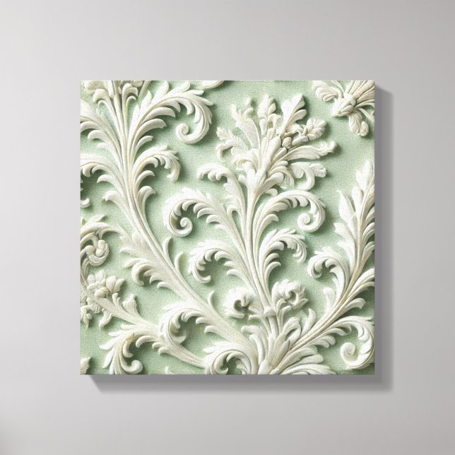 Vit Damask Blommönster Mjuk Grön Bakgrund  Canvastryck (Framsida)