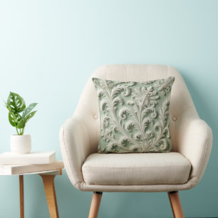 Vit Damask Blommönster - Mjuk Grön Bakgrund Kudde