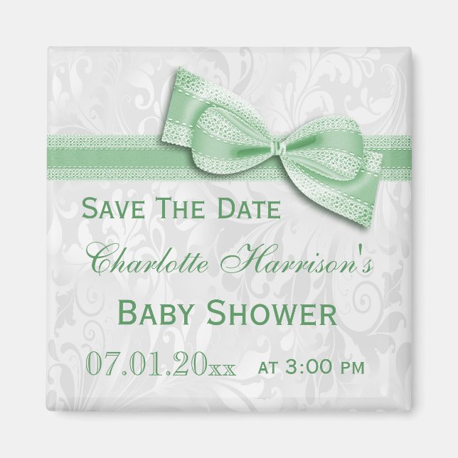 Vit Damask &  Bow Baby Shower Spara Datumet Magnet (Framsidan)
