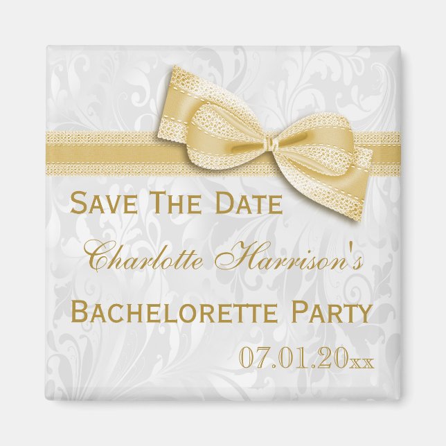 Vit Damask & Falsk Bow Brudtjej Save The Date Magnet (Framsidan)
