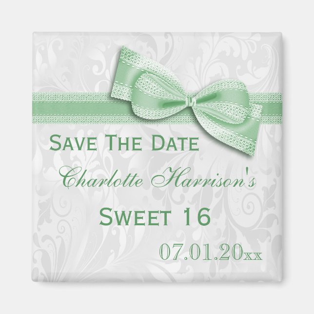 Vit Damask & Falsk Bow Sweet 16 Spara Datum Magnet (Framsidan)