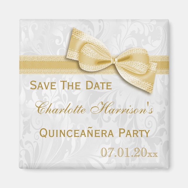 Vit Damask & Guldslinga Quinceañera Spara Datum Magnet (Framsidan)