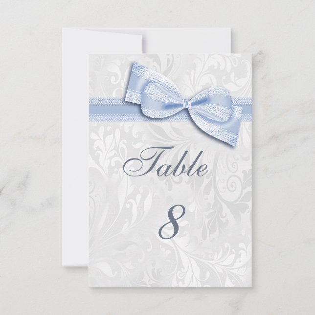 Vit Damask och Blå Falsk Bow Inbjudningar (Framsida)