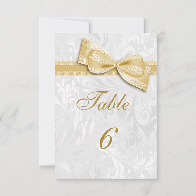 Vit Damask och falsk guldsträng båge Inbjudningar (Baksida)