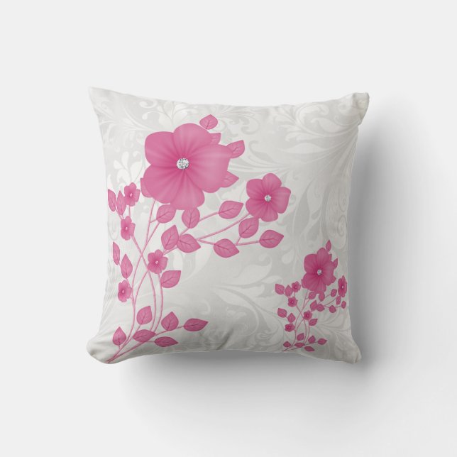Vit Damask & Rosa Blommor Kudde (Framsida)