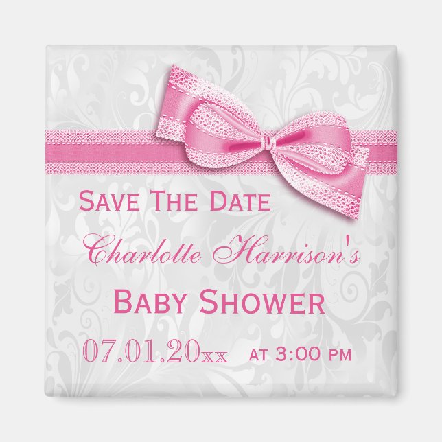 Vit Damask & Rosa Slinga Baby Shower Spara Datum Magnet (Framsidan)