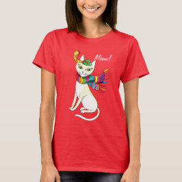 vit dekorativ katt i hatt och halsduk på svart t shirt