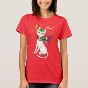vit dekorativ katt i hatt och halsduk på svart t shirt
