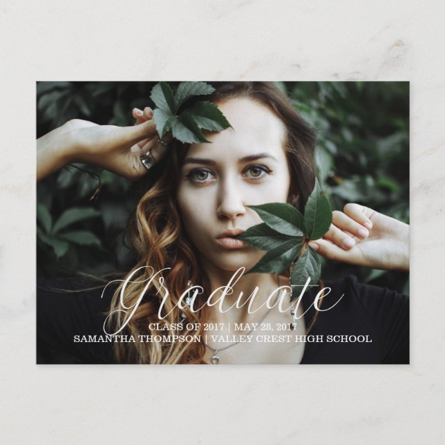 Vit delikat skriptfoto examens kort (Framsida)