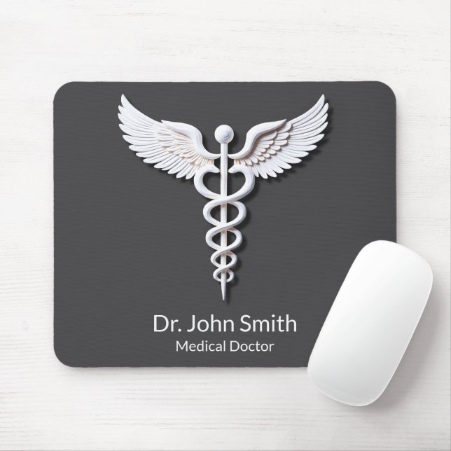 Vit, detaljerad, ren Caduceus Anthracite Medical Musmatta (Med mus)