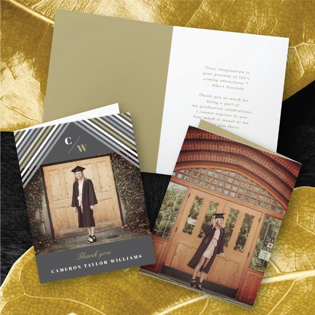 Vit diagonal Rand Fotomodern Studenten Tack Kort (White Gold Grey Diagonal Stripes Photo Modern Graduation Thank You Card @ zazzle.com/color_therapy)