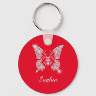 Vit diamant Butterfly, DIY Script Namn, Red Nyckelring