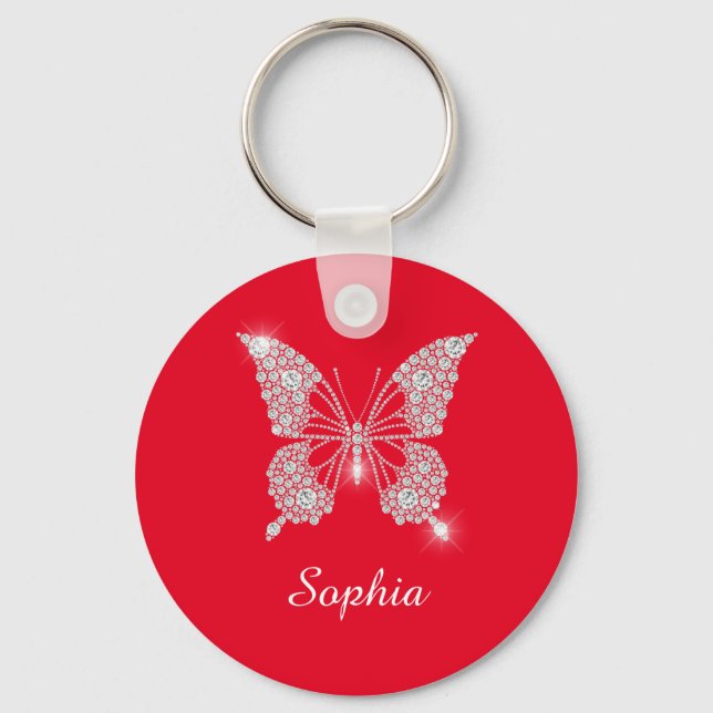 Vit diamant Butterfly, DIY Script Namn, Red Nyckelring (Framsida)