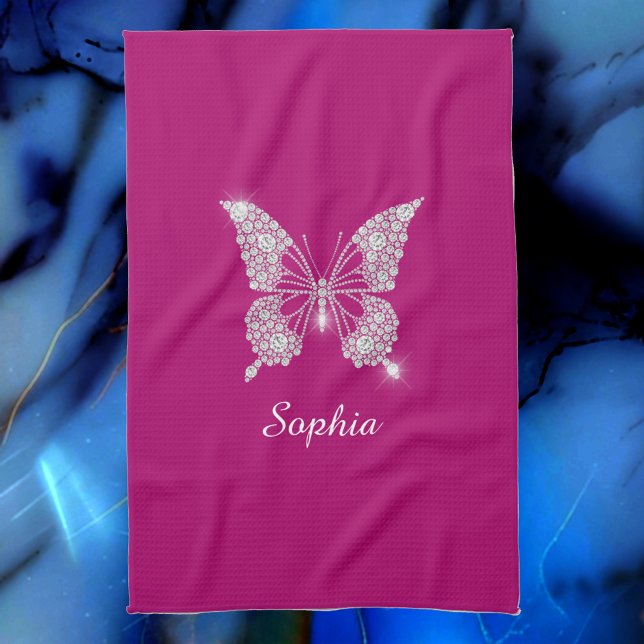 Vit Diamant Fjäril, Skriptnamn, Djup Fuchsia Kökshandduk (Skapare uppladdad)