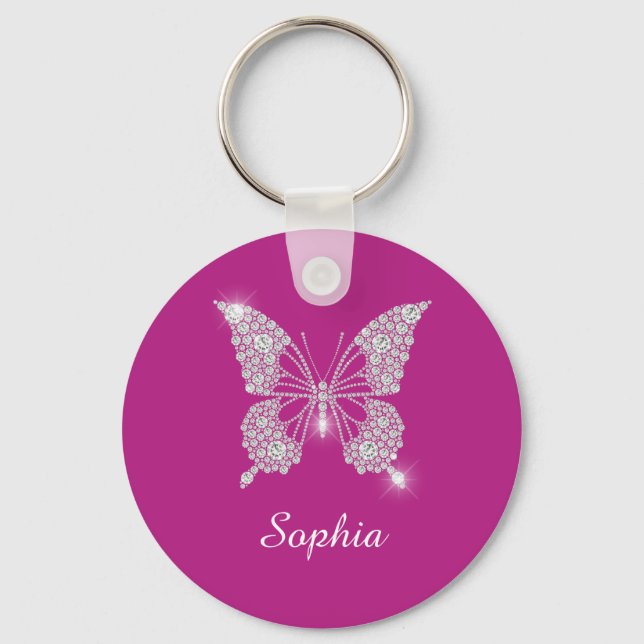 Vit Diamant Fjäril, Skriptnamn, Djup Fuchsia Nyckelring (Framsida)