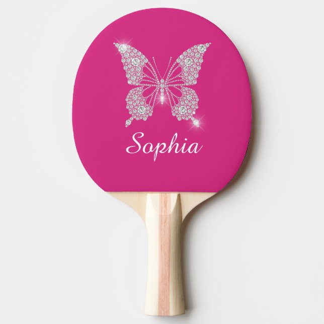 Vit Diamant Fjäril, Skriptnamn, Fuchsia Pingisracket (Framsidan)