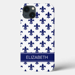 Vit/DIY Navy Fleur de Lis Navy Namn Monogram