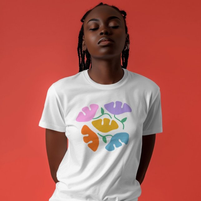 vit djärv blommig abstrakt trendig t-shirt (Floral white simple tshirt with abstract flowers. Fashion pretty colorful tshirt. Yellow pink orange)