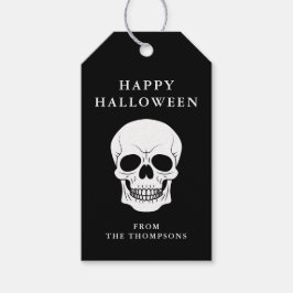 Vit dödskalle på svart Glad Halloween Presentetikett