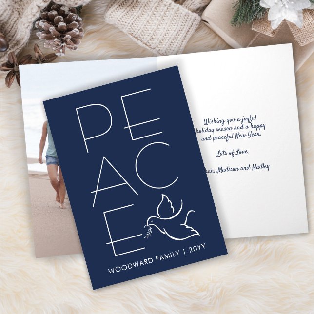 Vit duva 1 foto Modern Peace Navy Blue Folged Helgkort (Skapare uppladdad)
