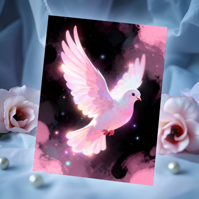 Vit Duva Eterisk Kärlek Rosa Moln Himmelsk Vykort (White dove in flight over starry night and pink clouds - calm, romantic, quietly magical art card.)