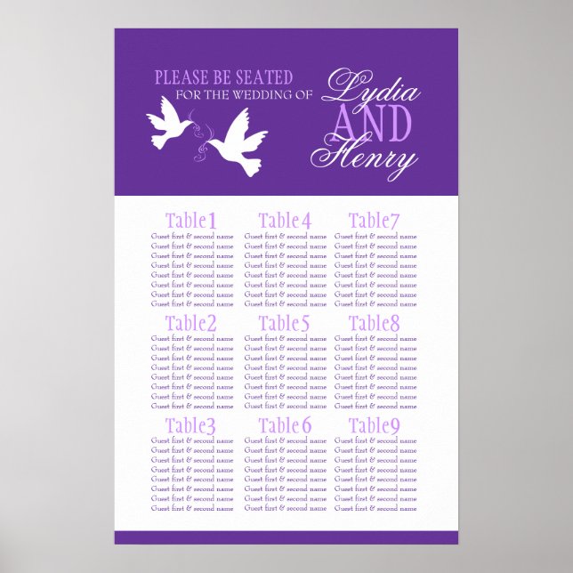 vit duva lila bröllop, sätesplan bord 1-9 poster (Framsidan)