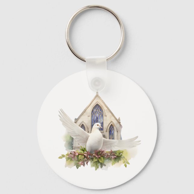 Vit duva med kyrka nyckelring (Framsida)