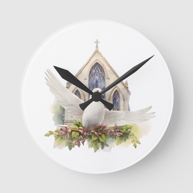 Vit duva med kyrka rund klocka (Framsida)