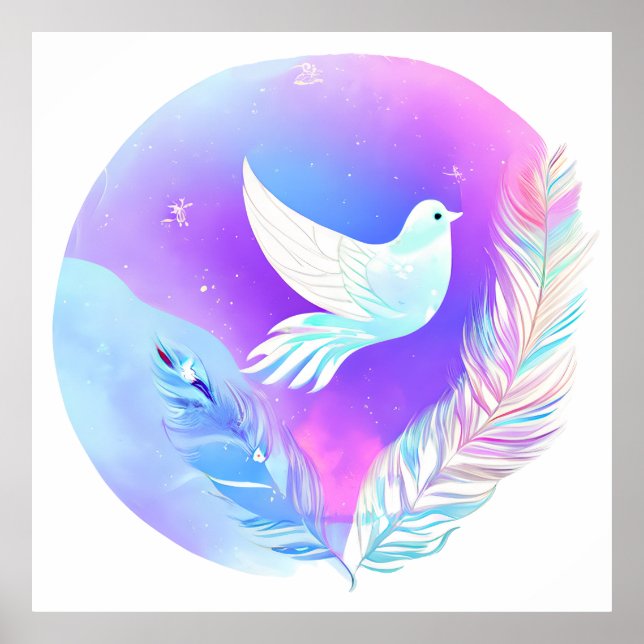Vit duva med Rosa och blå fjädrar Poster (Framsidan)