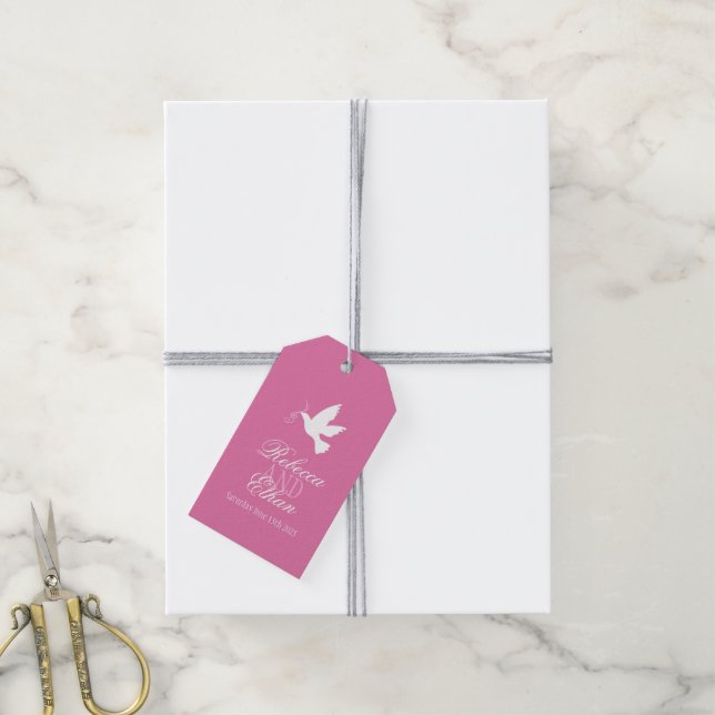 Vit duva med rosa rosett band bröllopsförmån märkr presentetikett (Med Snöre)