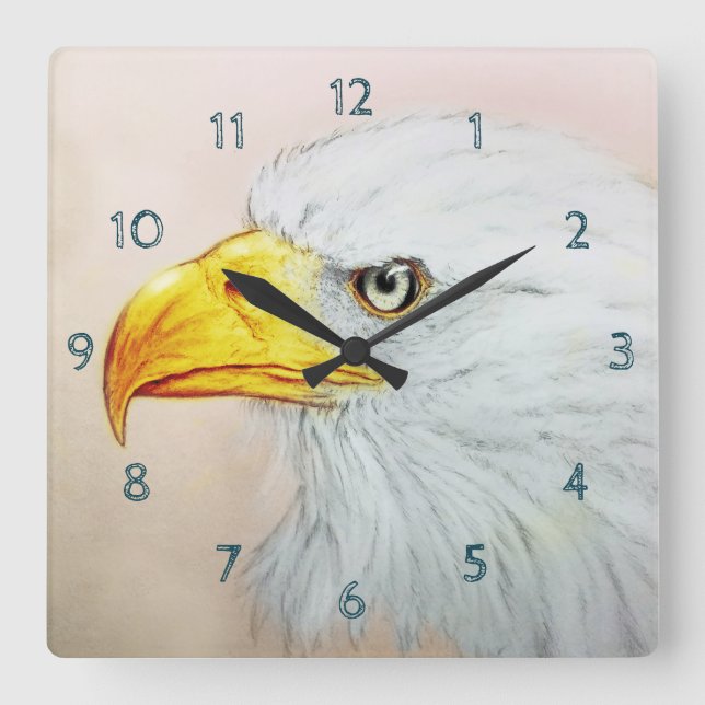 Vit Eagle Square Clock, Bird Realistic Sketch Fyrkantig Klocka (Framsida)