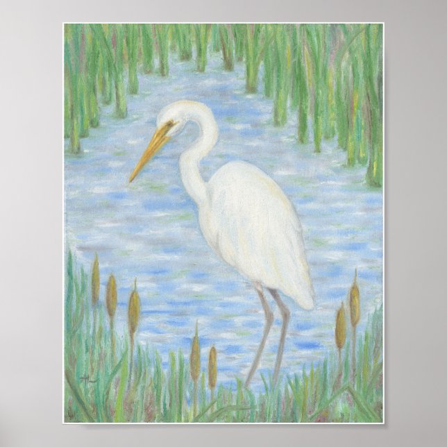 Vit Egret i Cattail Marsh-teckning Poster (Framsidan)