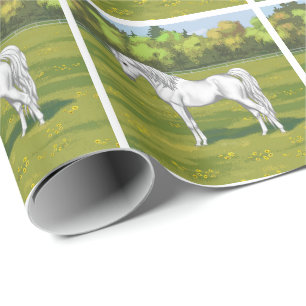 Vit egyptisk arabisk häst på sommarbetesmark presentpapper