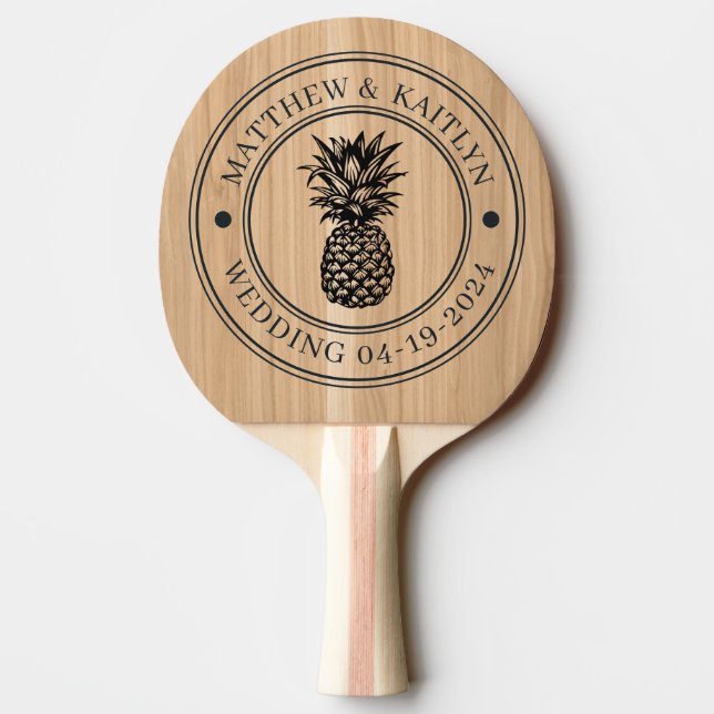 Vit Ek Trä Ananas Bröllopskam & Namn Pingisracket (Baksidan)